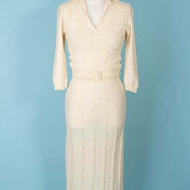 Rare 1970s Ivory Hand Loomed Crochet Belted Sheath/Shift Sweater Dress (S) 