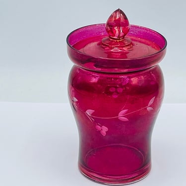 Vintage Lidded red Cranberry Flash Condiment Jar with pretty etched Grape Vine design- Chip Free 