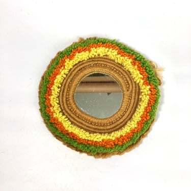 Vintage 70's Handmade Hooked Crewel and Jute Small Round Hanging Mirror 