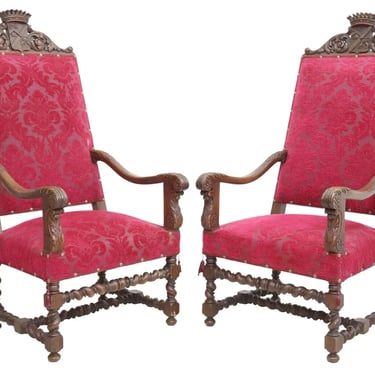 Antique Armchairs, Fauteuils, (2) French Henri II Style Carved Oak, Early 1900s