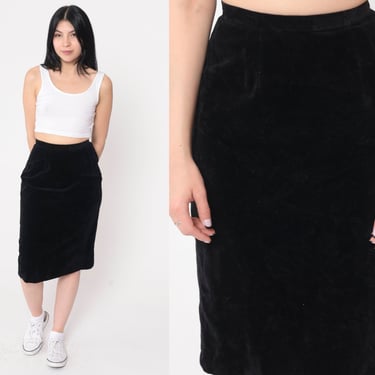 Black Velvet Skirt 70s Midi Pencil Skirt Goth Skirt 1970s Knee Length Vintage Party Bohemian Extra Small XS 