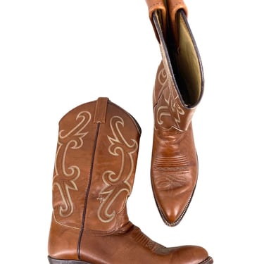 vintage Dan Post brown cowboy boots MENS size 8 D WOMENS size 10, western cognac stitched rodeo shoes 70s 80s 