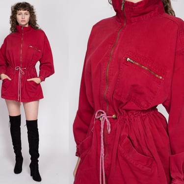 L| 80s Forenza Red Drawstring Waist Jacket - Large | Vintage Long Cotton Twill Zip Up Jacket 
