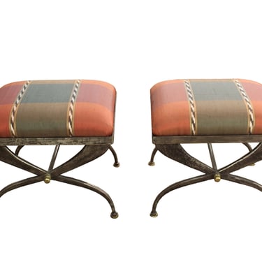Mid Century Modern Pair of Gunmetal and Brass X Base Ottomans by Sarried 