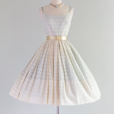 1950's Ivory Cotton Eyelet Party Dress With Blue Lining / Small