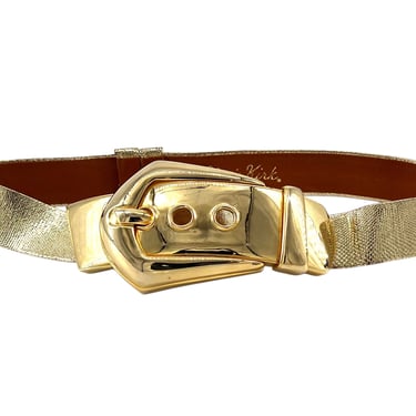 Alexis Kirk 1980's Adjustable Gold Leather Belt with Oversized Buckle