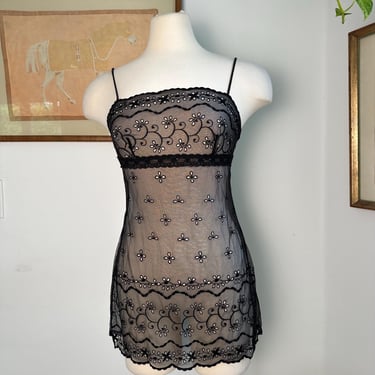 Vintage Black Sheer Lace Embroidered Babydoll Slip Dress - Retro Lingerie Nightwear - 90s Sexy Floral Lace Nightie 