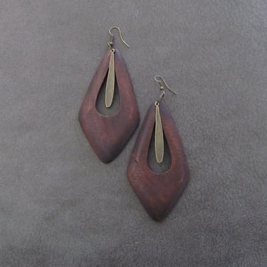 Large wood earrings, bold statement earrings, Afrocentric jewelry, African earrings, geometric earrings, bronze mid century modern earrings 