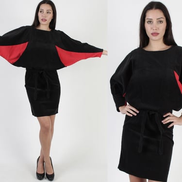 80s Dramatic ColorBlock Batwing Dress, Black Corduroy Belted Pencil Mini Dresss 