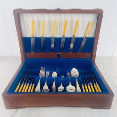 67 piece Antique Flatware Set Mappin & Webb Kings Plate silver plate from 1911 George V, service for 15+ Ivory handled wedding silver gift 
