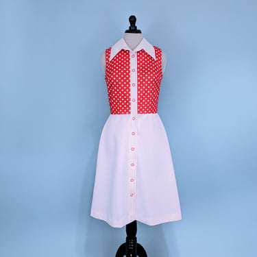 Vintage 70s Mod Red Polka Dot Day Dress, 1970s Knee Length Retro Collared Short Sleeve Scooter Dress 