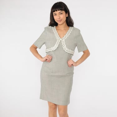 Vintage 80s Wiggle Dress Gray Short Sleeve Pencil Skirt Sheath Illusion Bolero Button Trim 1980s Retro Office Petite Small 6 