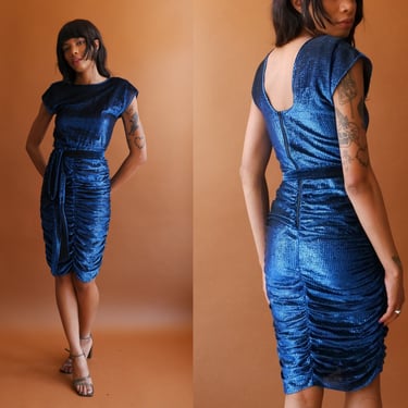 Vintage 80s Blue Metallic Party Dress/ 1980s Glittery Gathered Disco Dress/ Size Small 