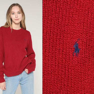 Ralph Lauren Sweater 90s Polo Sport Sweater Red Knit Slouchy Preppy Basic Streetwear Pullover Jumper Plain Cotton Vintage 1990s Medium M 