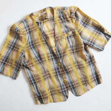 Vintage 80s Plaid Shirt M - 1980s Yellow Blue Puff Shoulder Blouse - Deep Plunge V Neck Top - Big Shoulder 1980s Top 