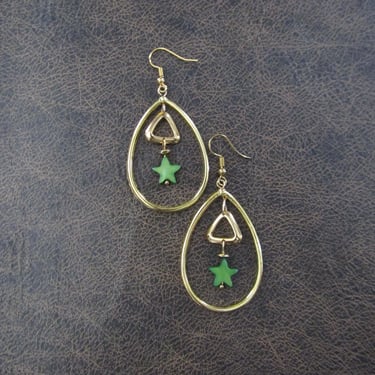 Gold and green mother of pearl shell star teardrop hoop earrings 