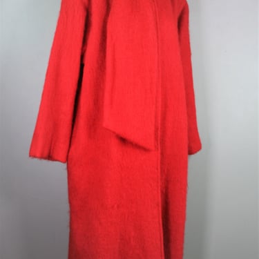 1970's to 80s  Red Coat - Attached Scarf - Red Mohair Coat - Estimated size L/XL 
