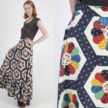 70s Boho Western Heritage Skirt, High Waist Old Fashion Quilt Square, Long Patchwork Cottage Print Maxi 