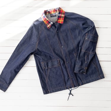 denim flannel jacket | 70s 80s vintage dark wash jean jacket red plaid flannel trim lightweight chore coat 