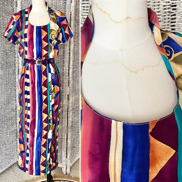 Vintage Sheath Dress, Abstract Artsy Print, Scoop Neckline, Matching Belt, Midi Length 