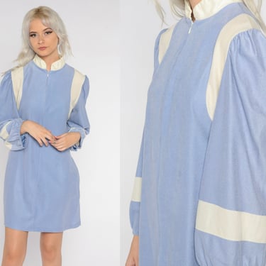 Blue Velour Lounge Dress 80s Pajama Mini Dress Long Puff Sleeve Striped Nightie Front Zip Loungewear Vintage 1980s Saks Fifth Avenue Medium 