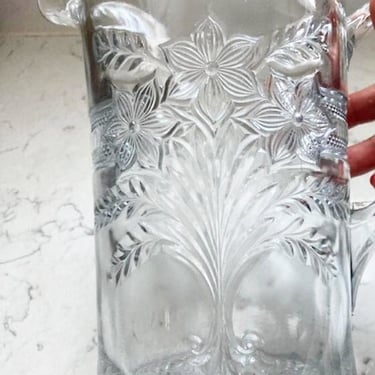 Antique Pressed Glass Floral Design Pitcher Daisy Boutique Floral, Vintage Crystal Pressed Glass Floral Design by LeChalet