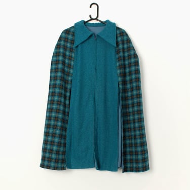 Vintage wool cape in blue plaid - Small 