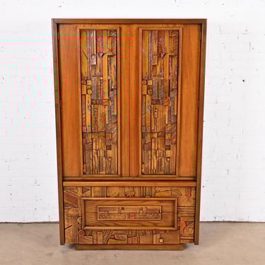 Paul Evans Style Lane Pueblo Brutalist Mid-Century Modern Oak Armoire Dresser, 1970s