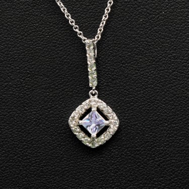 80's sterling tourmaline square in square bling pendant, geometric 925 silver purple & clear gems necklace 