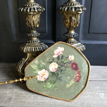 1700s Rare French Silk Face Screen, Handpainted Floral Pink Rose Bouquet, Artist Signed, Faded Grandeur, 18th C Antique 