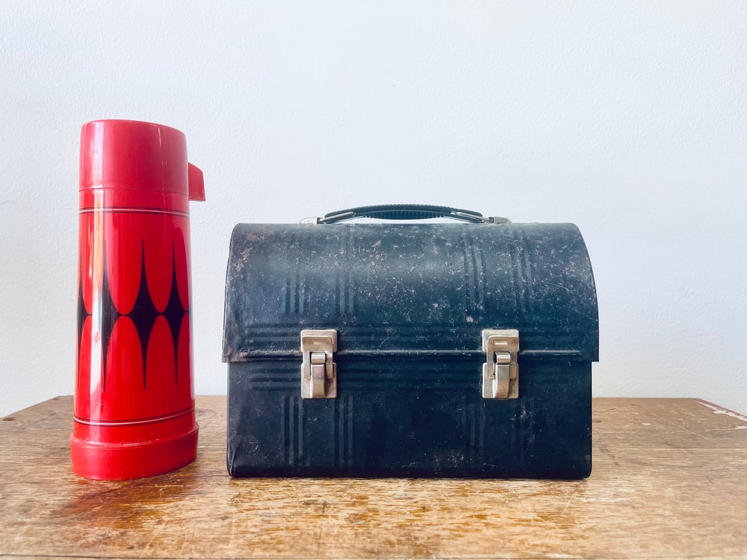 Vintage Metal Lunch Box American Thermos Products Company Dome Black  Decorated