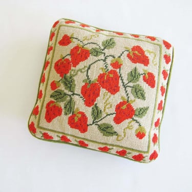 70s Strawberry Needlepoint Throw Pillow 10x10 - Small Red Green Square Vintage Accent Pillow - Shabby Chic Cottage Decor 