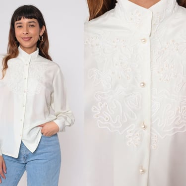 Beaded White Blouse 80s Soutache Pearl Button Up Shirt Stand Collar Long Sleeve Top Retro Chic Secretary Formal Vintage 1980s Medium 
