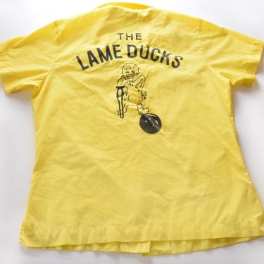 1950's Bowling Shirt The LAME DUCKS, King Louie, Size 38, Vintage 1960's Yellow MARY Embroidered Mid Century 