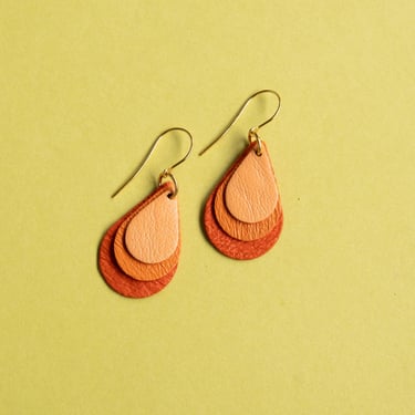 Triple Tiered Orange Teardrops - Reclaimed Leather Minimalist Earrings 