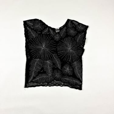 1980s Hibiscus Black and Silver Floral Fishnet Top / Blouse / Open Weave / Crochet / Goth / M / L / Beach / Tropical / Hibiscus / Disco / 