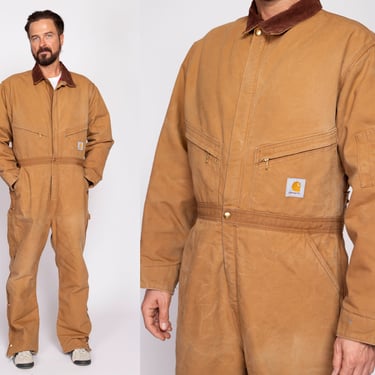 90s Carhartt Union Made Insulated Coveralls - 46 Regular | Vintage Tan Cotton Duck Canvas Quilt Lined Workwear Zip Front Jumpsuit 