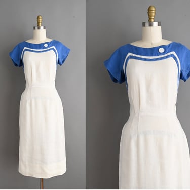 vintage 1950s Dress | Vintage White & Blue Linen Pencil Skirt Spring Summer Dress | Small 