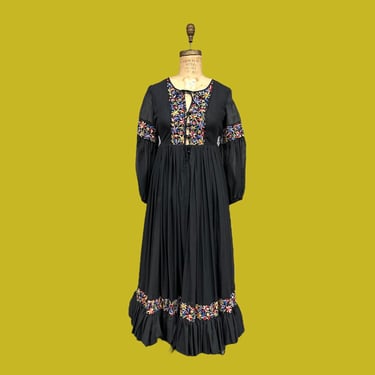 Vintage Dress Retro 1970s Lane Bryant Tall Shop + Bohemian + Folk + Festival + Black + Embroidered + Maxi Length + Womens Apparel 