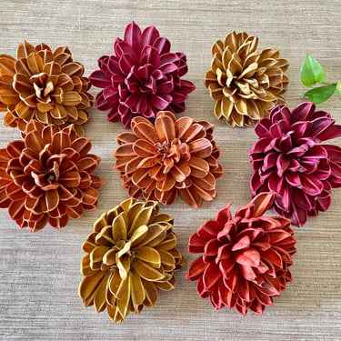 Vintage Pine Cone Style Flowers - Set of 8 - Mustard, Copper and Red 