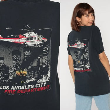 90s LAFD Shirt Los Angeles City Fire Department Shirt 1990s Helicopter LA Firefighters Shirt Vintage Distressed Black Retro Medium Large 