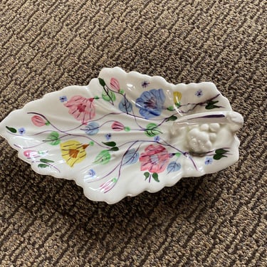 Vintage 11” Blue Ridge Southern Pottery Chintz Oak Leaf Handled Floral Embossed Celery Tray, Relish Dish, Candy, Trinket Catchall,  U.S.A. 
