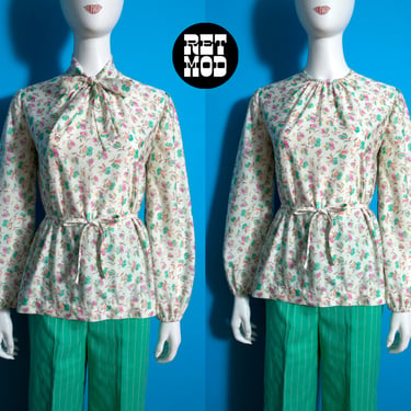 Versatile Vintage 70s Pastel Pink Green Floral Peasant Blouse with 2 Ties 
