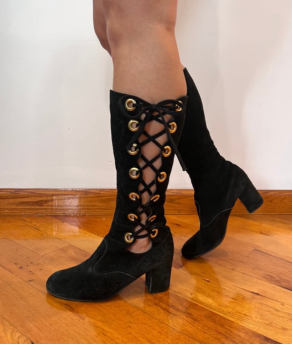 Vintage 60s Go Go Boots Black Suede Leather Gold Grommets