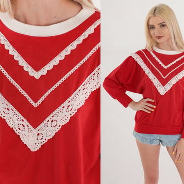 Red Lace Sweatshirt 80s Crochet Trim Pullover Sweatshirt Layered Crewneck Sweater Retro Girly Darling Vintage 1980s Laurel Canyon Medium M 