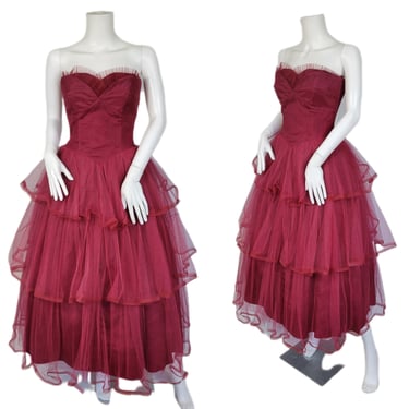1950's Merlot Red Strapless Tulle Netting Prom Dress I Sz Sm I Sylvia Ann Bridal Collections 