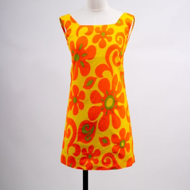 1960s Bright and Cheery Yellow and Orange Floral Hawaiian Mini Dress
