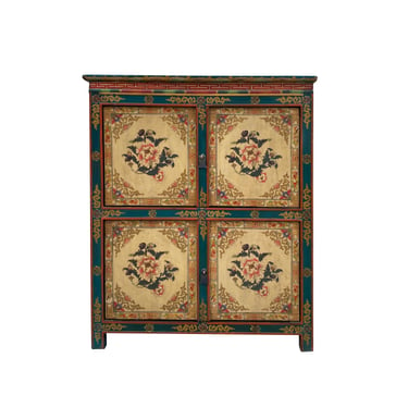 Chinese Tibetan Treasure Color Flower Graphic Credenza Storage Cabinet cs7465E 