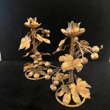 Pair of Gold Leaf Italian candle Holders Hollywood Regency