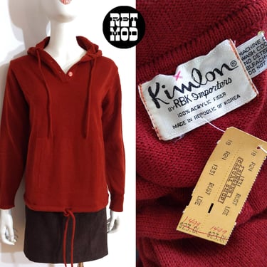 Deadstock Vintage 70s 80s Brick-Colored Hooded Pullover Sweater by Kimlon 